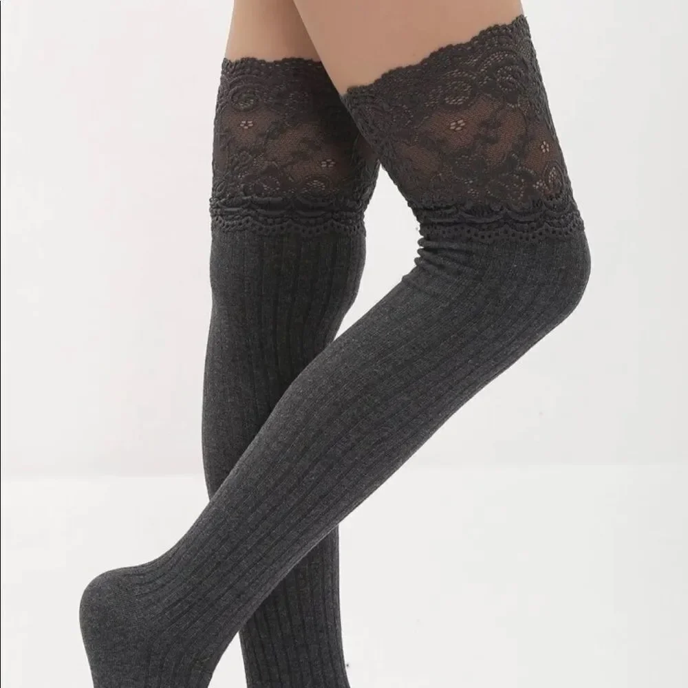 Dark Grey Ruffled Lace Thigh High Socks - Picture 5 of 8
